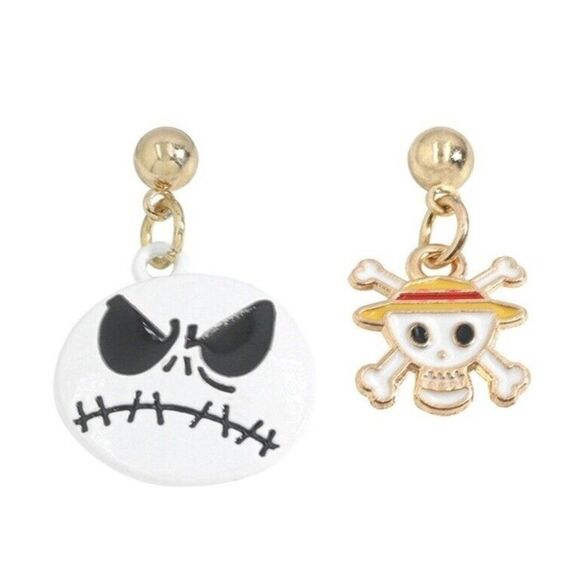 Halloween Mismatched Earrings - Jack Skellington and Skull Crossbones  - 1" L - Picture 1 of 4